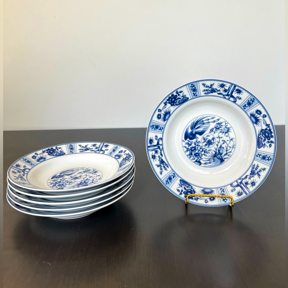Vintage Blue Heron China Rimmed Soup Bowl 8" Imari Birds Flowers
